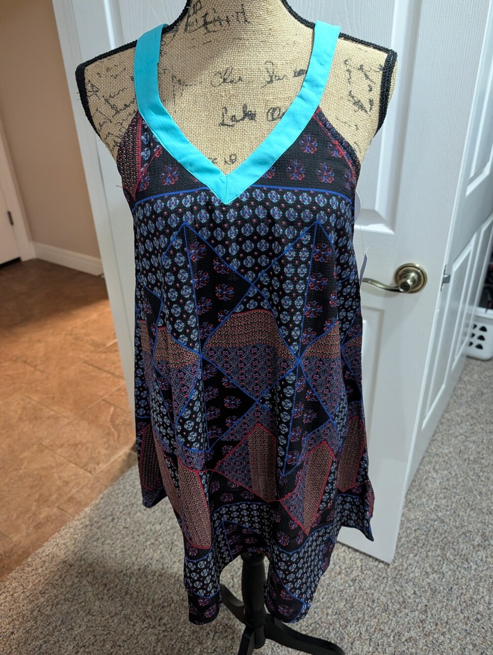 Hayden Black Patterned Asymmetrical Dress with Teal V-Neck